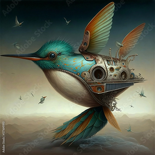 A mechanical hummingbird, an illustration of the execution of a surreal bird with mechanics. Generative AI