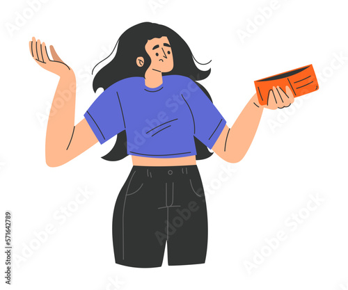 Poor Woman Character with Empty Wallet Having No Money Vector Illustration