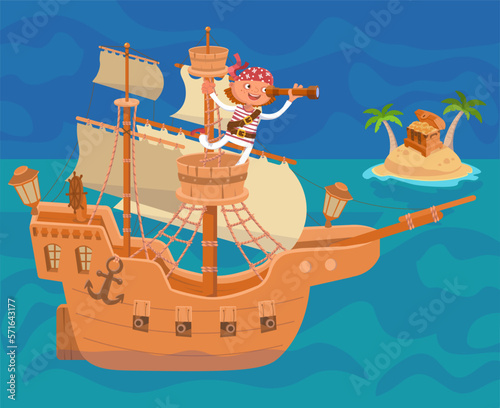 Wooden old ship with sails and cannons. Cute pirate looking at the island with a smile. Vector scene for designing posters, postcards.