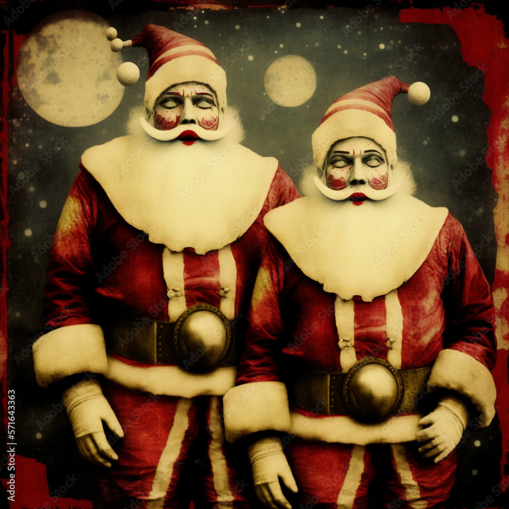 Generative ai creepy spooky Santa Claus twins. Horror couple of evil