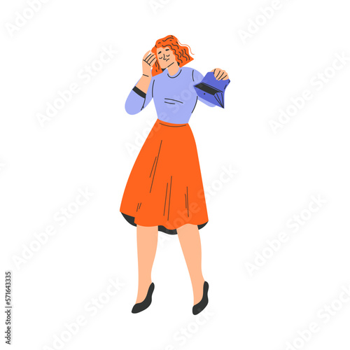 Poor Woman Character with Empty Wallet Having No Money Vector Illustration