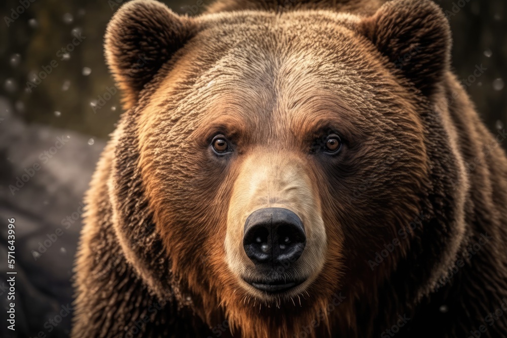 Close up detail portrait of a brown bear. animal in peril, brown fur coat. Animal muzzle with eyes, fixed gaze. Russian large mammal vicious animal. Generative AI