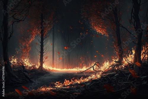 forest fire The fire was burning the grass with dry leaves on the ground and spreading across the forest floor. Generative AI