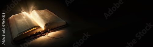 Photo Shining Holy Bible - Ancient Book banner,  illuminated message, generative ai