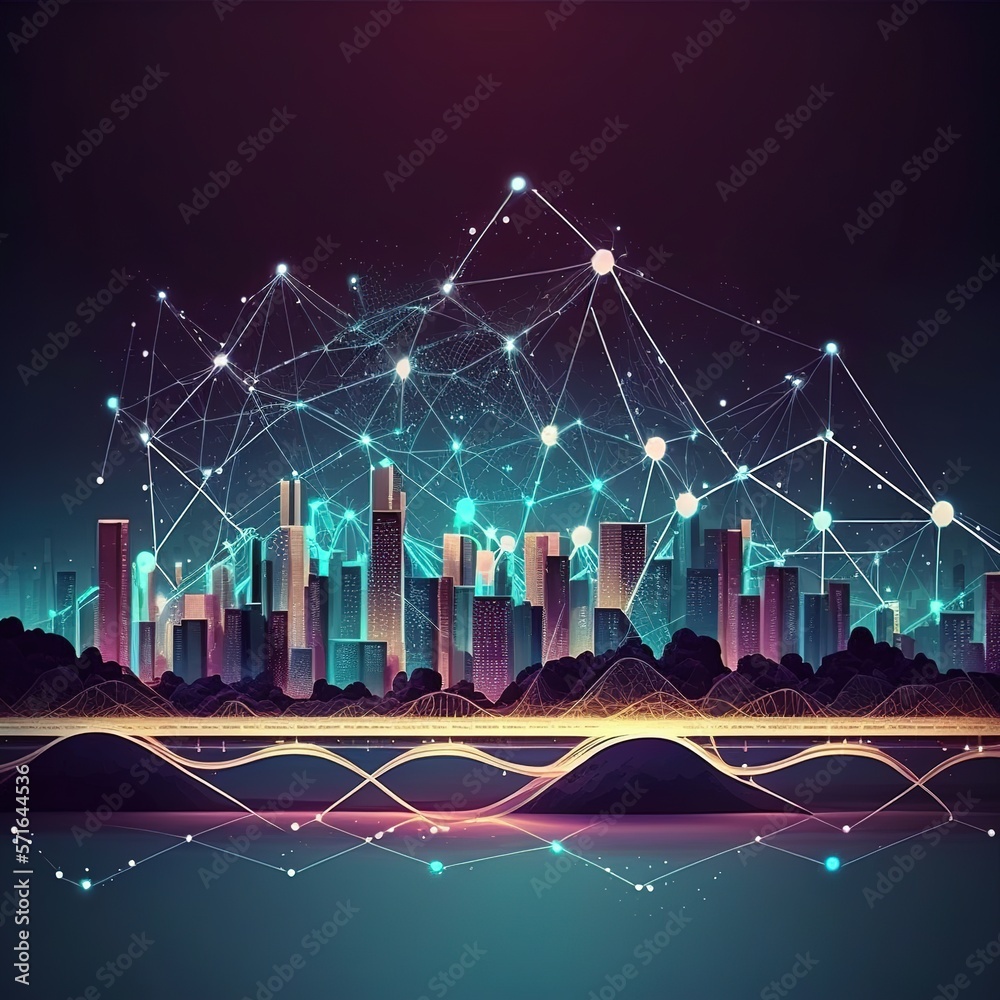 Smart city and abstract polygon pattern connection with speed line light, big data connection technology concept, generative ai