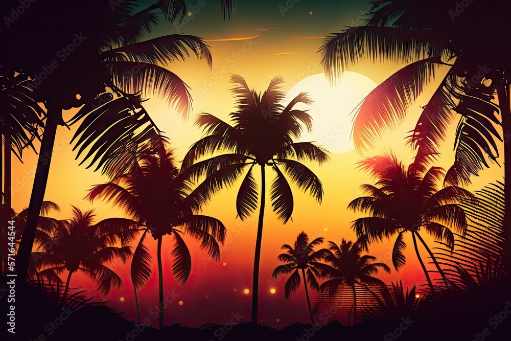 Coconut trees and palm trees in the tropics against a bokeh and sunset sky background. Generative AI