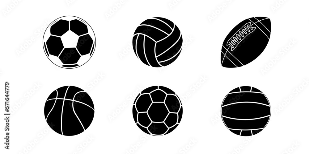 A set of black silhouettes of sports balls. A set of black silhouettes of sports balls.