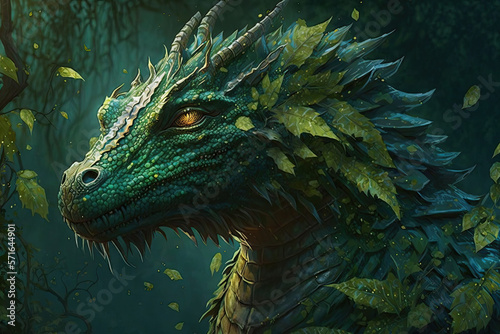 green dragon in the green forest. Generative AI