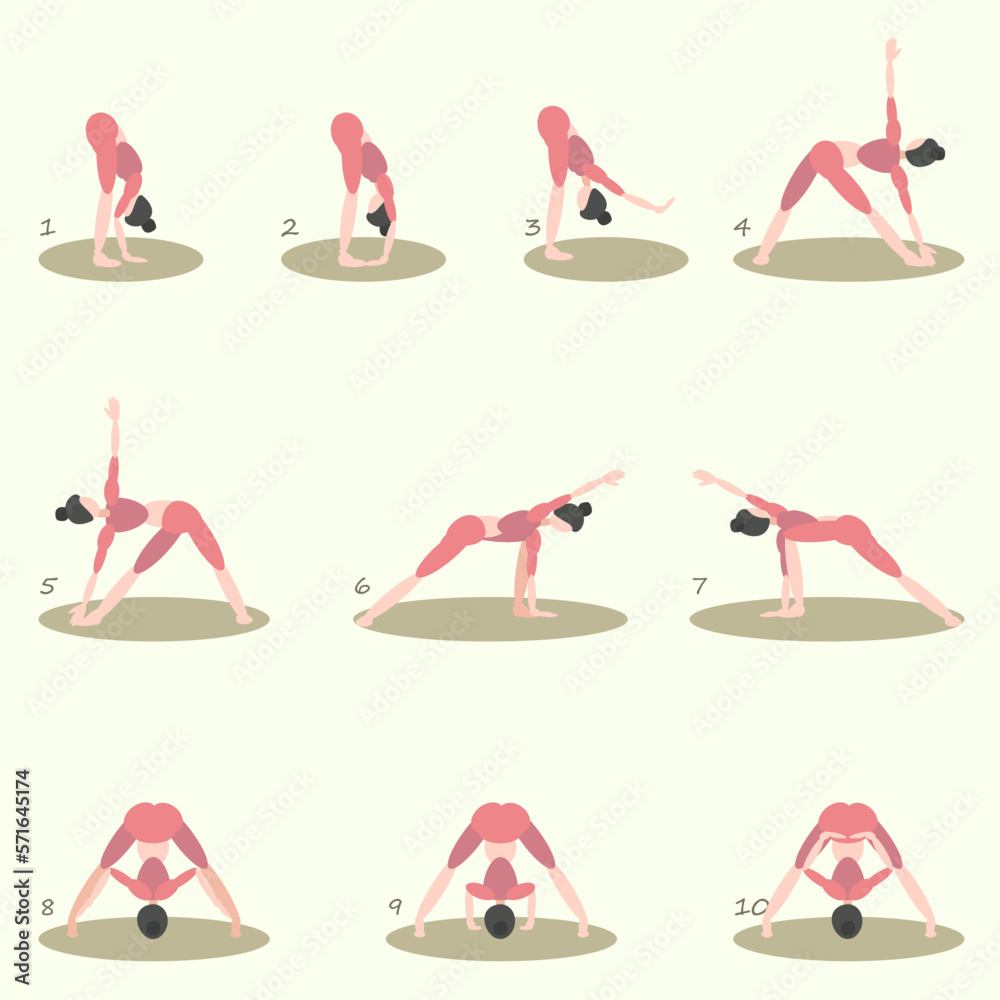 A set of ten different yoga poses, a complete exercise complex with bends and back stretching. Woman in pink suit, minimalistic character.