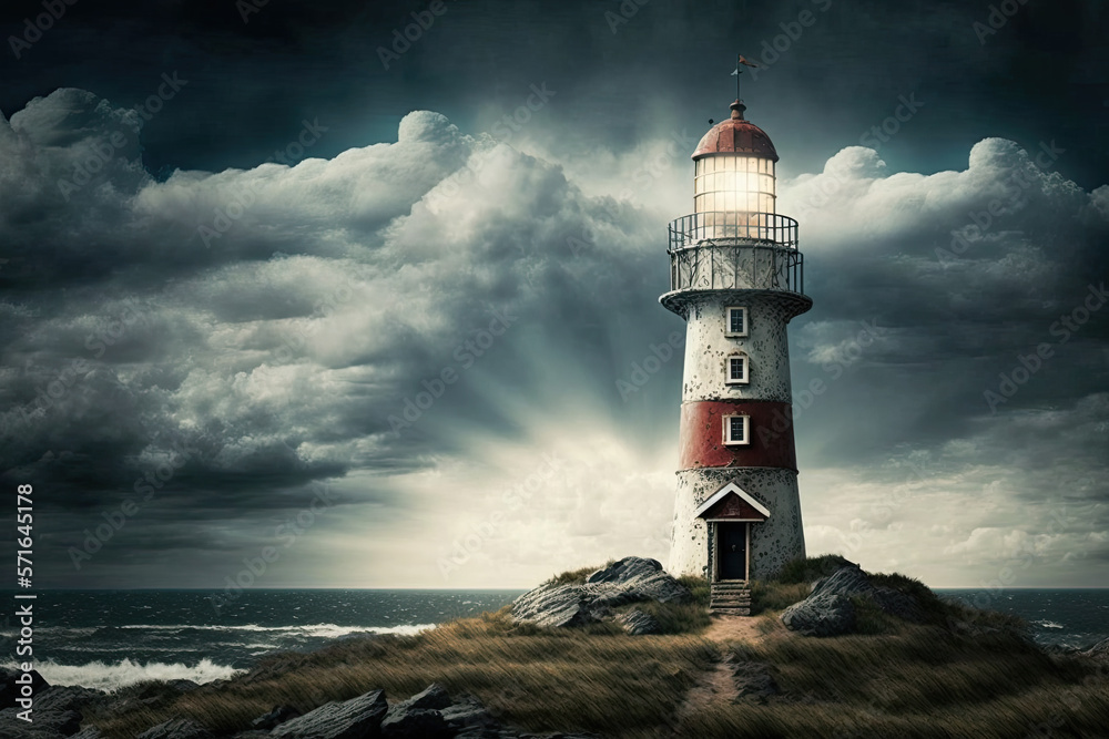 illustration of a lighthouse with gray clouds. Generative AI