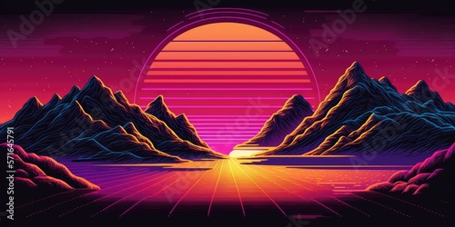 Mountains, a sunset, and a computerized environment with retro wave and synthwave. Sun is shining brightly above horizon. luminous volume. Ground level neon grid. 80s 90s fashion. futuristic retro. A
