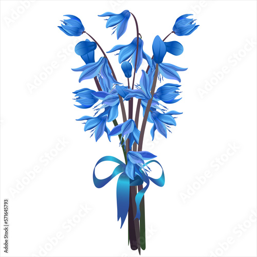 Bouquet of blue spring vector flowers, snowdrop leaves and stems, decorated with blue silk ribbon symbol of spring and spring holidays