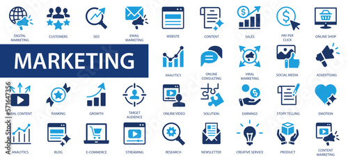 Digital marketing icons set. Content, search, marketing, ecommerce, seo, electronic devices, internet, analysis, social and more flat icon.