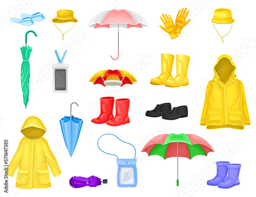Rain Clothes and Accessories with Coat, Boots, Umbrella and Gloves Big Vector Set photo