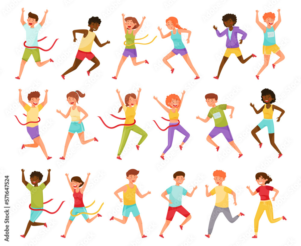 People Characters Running Marathon Sprinting Moving Forward Big Vector Set People Characters Running Marathon Sprinting Moving Forward Big Vector Set