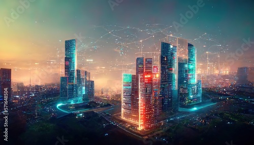 Raster illustration of the night modern city. Cyberpunk, buildings, skyscrapers, neon glow, science fiction, artificial intelligence. Technology concept. 3d raster illustration for business. AI