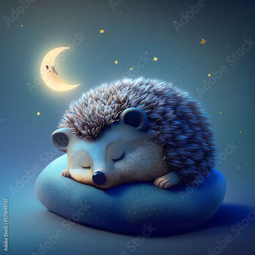 Cute Cartoon of hedgehog sleeping in the night with moon and stars . Soft illustration . created using Generative AI photo