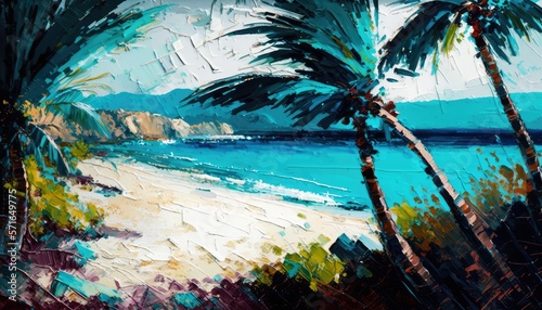 Fictional painting. tropical beach landscape texture painting  Rough brushstrokes  oil and palette knife style. Generative AI