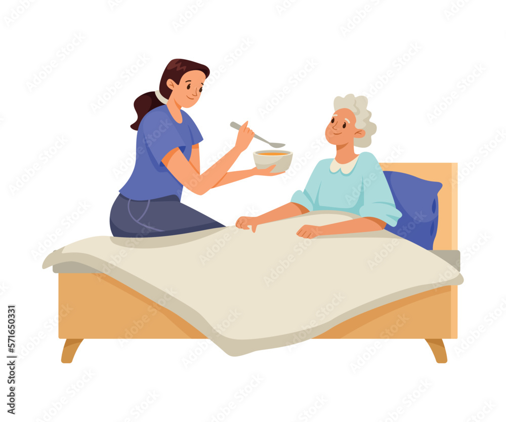 Woman Volunteer Caring of Elderly Lady on Retirement Feeding Her with Spoon Vector Illustration