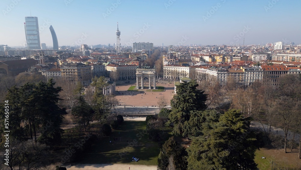 EUROPE, ITALY MILAN 2023 - Drone aerial view Arco della Pace Arch of Peace in Sempione downtown park