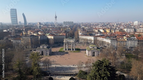 EUROPE, ITALY MILAN 2023 - Drone aerial view Arco della Pace Arch of Peace in Sempione downtown park