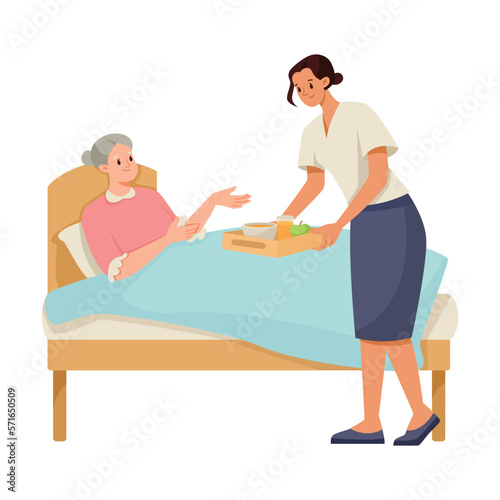 фотографія Woman Volunteer Caring of Elderly Lady on Retirement Bringing Her Meal on Tray V