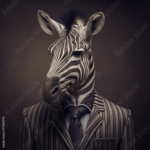 Portrait of a Zebra dressed in a formal business suit. Generative AI.