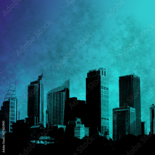 city buildings towers skyline cloudy wet paint watercolor graphic vector art