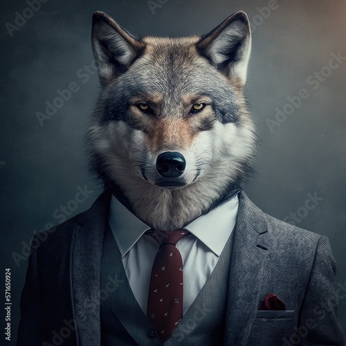 Portrait of a wolf dressed in a formal business suit. Generative AI.