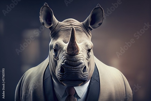 Portrait of a Rhinoceros dressed in a formal business suit. Generative AI. 