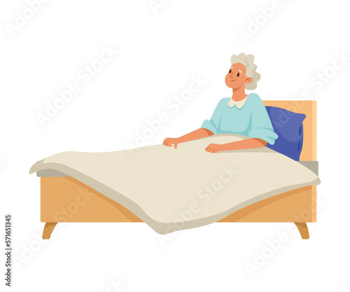 Happy Aged Gray-haired Woman on Retirement Lying in Bed Vector Illustration