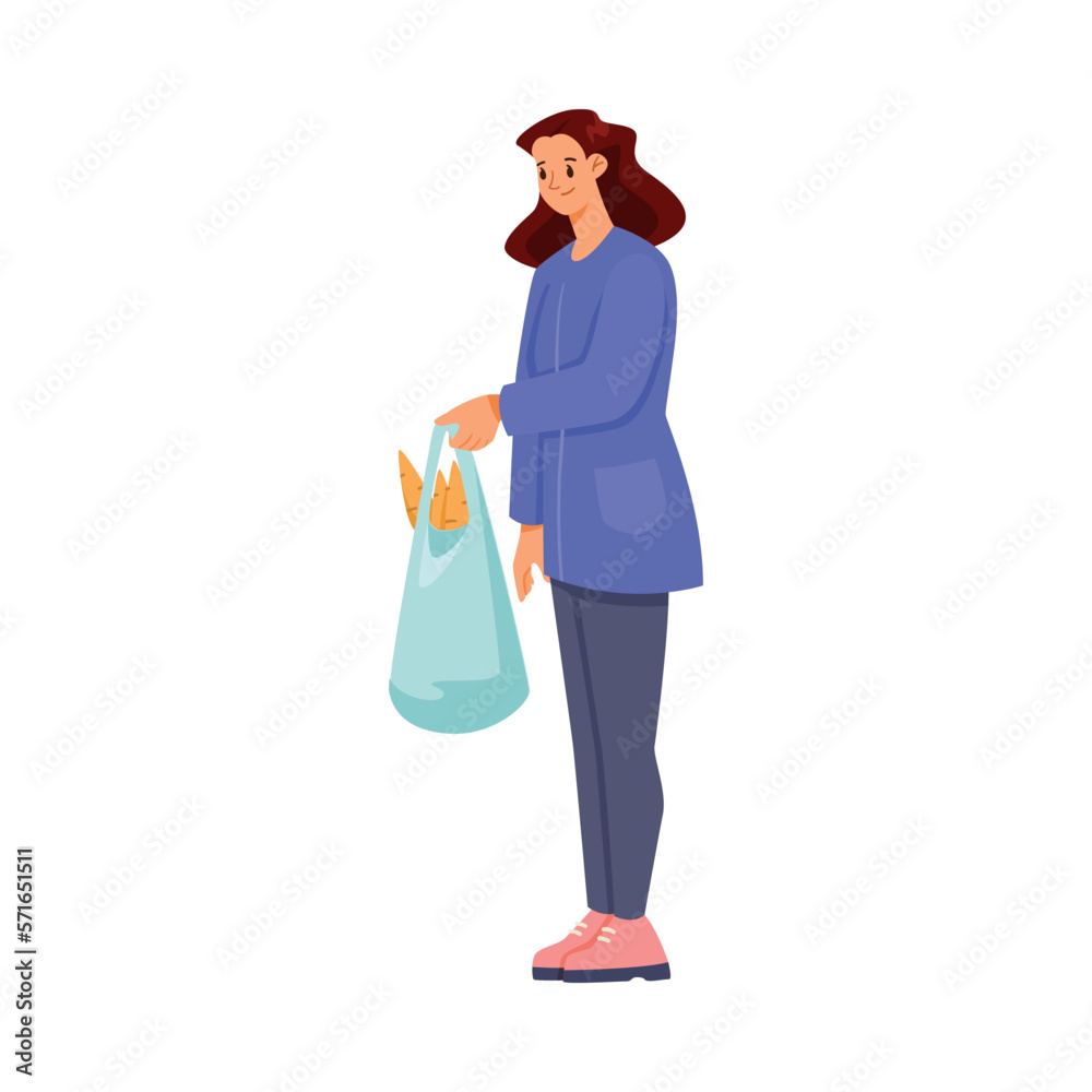 Woman Volunteer Standing Holding Shopping Bag as Charity and Donation Vector Illustration Woman Volunteer Standing Holding Shopping Bag as Charity and Donation Vector Illustration