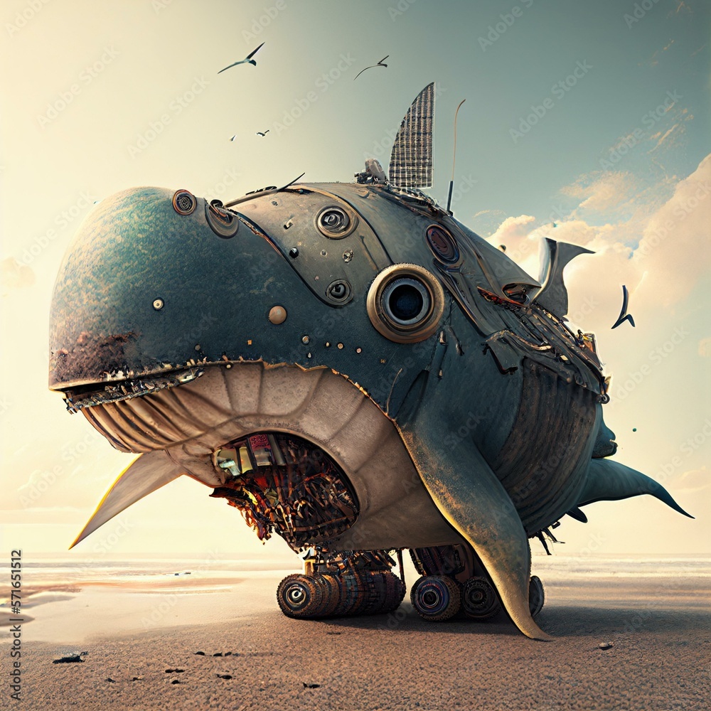 shark house, landscape, fantasy house, cyberpunk, AI generative Stock