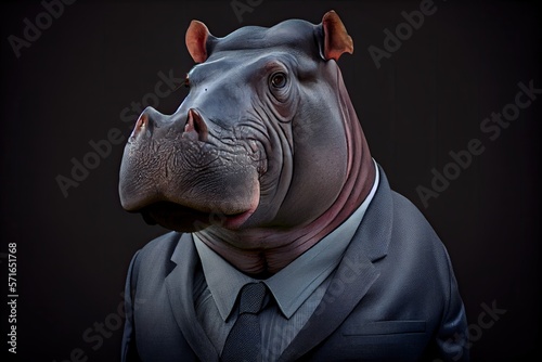 Portrait of a hippopotamus dressed in a formal business suit. Generative AI.