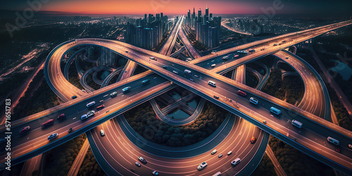The concept of highways of the future in a fictional world. The aerial view of the traffic was made with the help of night AI of the future highway.