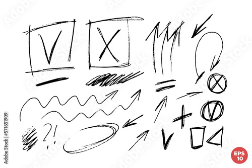 Hand drawn vector signs, marks, lines, crosses and checkboxes. Sings ans symbols set. Grungy marks collection. Elements for design.