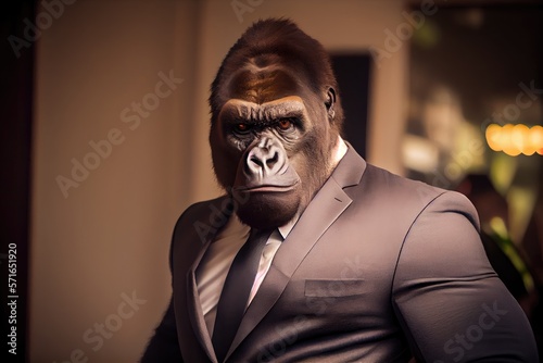 Portrait of a gorilla dressed in a formal business suit. Generative AI.