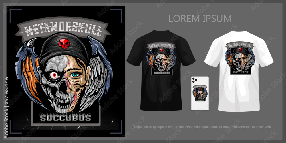 Winged succubus head illustration t-shirt design with skull complete with mock up.