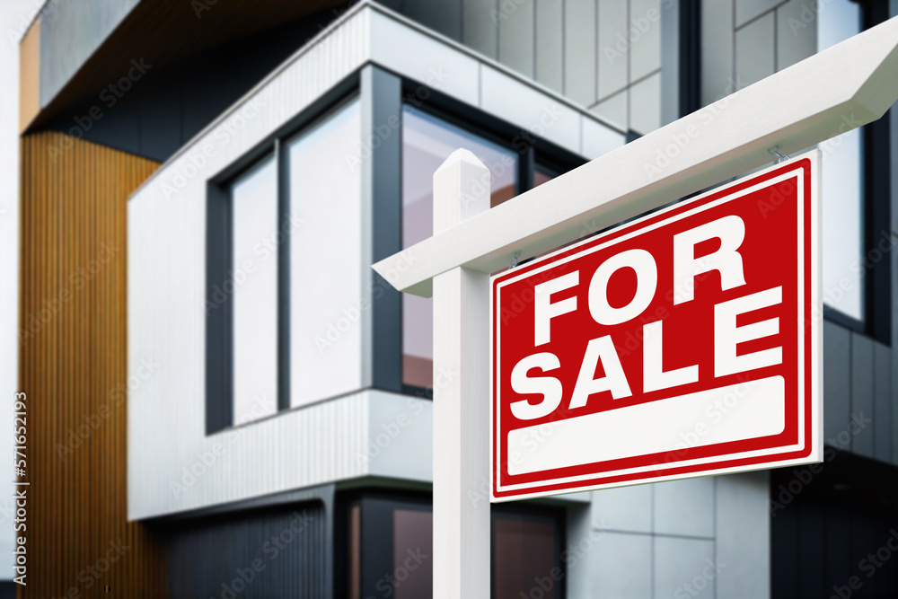Real Estate Sign In Front of New Contemporary House - Generative AI. Real Estate Sign In Front of New Contemporary House - Generative AI.