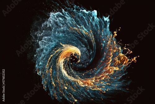 Water splash in an abstract twister shape, isolated on a dark background. Concept of motion, energy, and washing. Generative AI © 2rogan