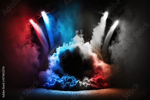 Stage with spotlight, red, white and blue smoke and particle effects, great for 4th of July backdrop or product placement ai