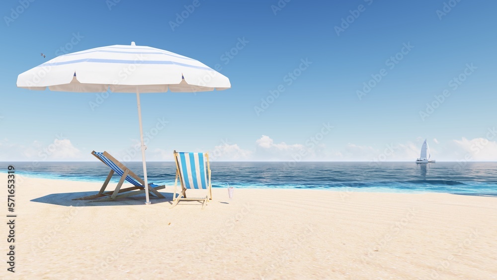 Blue ocean wood sand beach nature tropical palms Island. Hotel beach. Caribbean sea and sky. Small wild beach chairs. landscape Island. Palms turquoise sea background Atlantic ocean. 3D Rendering, 4K.
