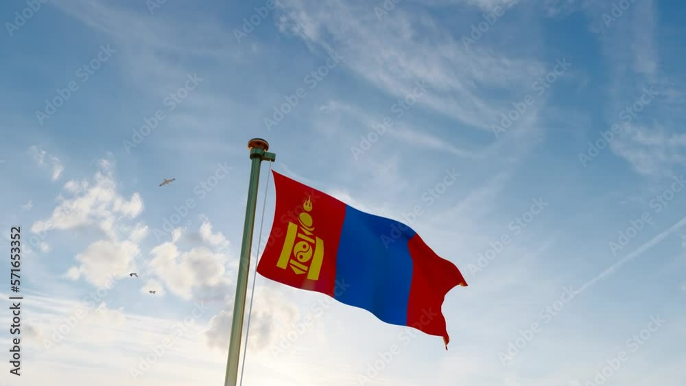 Flag of Mongolia waving in the wind, sky and sun background. Mongolia ...