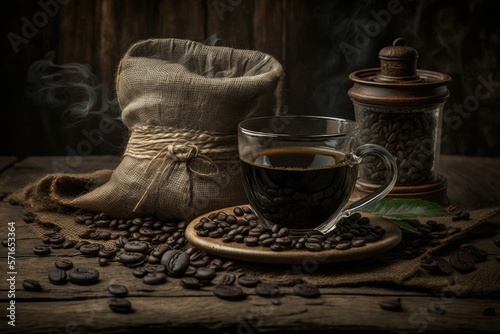Coffee cup and glass with smoke, coffee beans, and coffee capsules on a burlap bag against an aged wooden backdrop. Generative AI