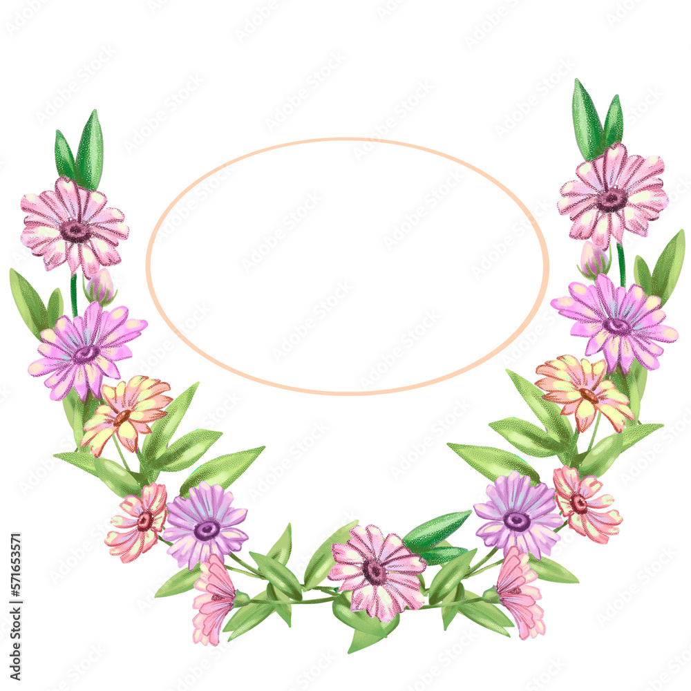Illustration of a frame made of pink flowers and leaves. High quality illustration