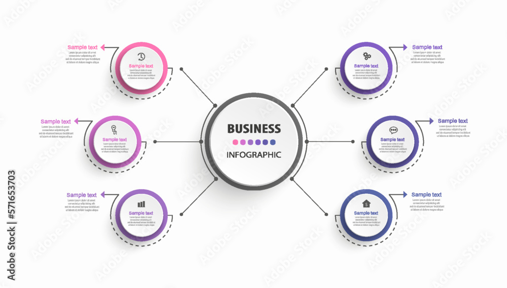 Naklejka premium Business vector infographic design template with icons and 6 options or steps. Can be used for process diagram, presentations, workflow layout, banner, flow chart, info graph