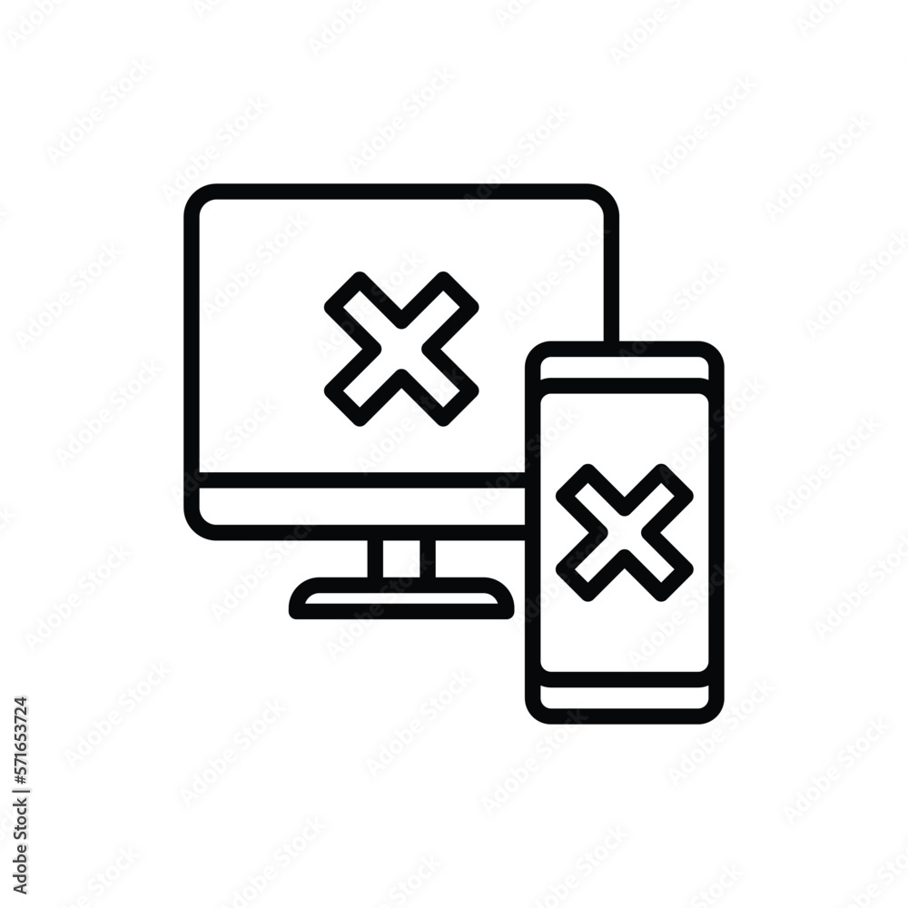 Fototapeta premium Sync between computer and smartphone is rejected: cross marks are on device screens. Thin line icon. Modern vector illustration.