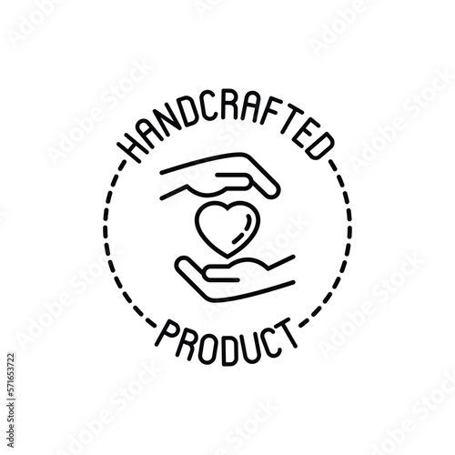 Handcrafted product sign: hands with heart in circle. Thin line icon. Modern vector illustration for packaging.