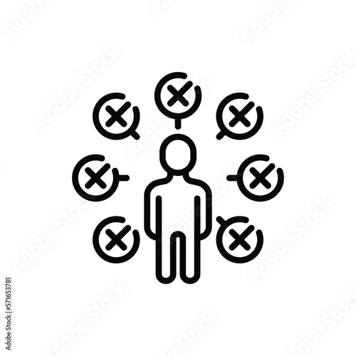 Candidate for job is rejected thin line icon. Not enough qualifications. Checklist around man with cross marks. Modern vector illustration. photo