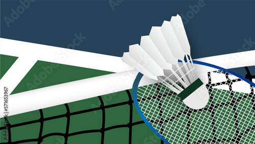 Shuttlecock on the white net and court indoor badminton sports wallpaper   background  with copy space,  illustration Vector EPS 10